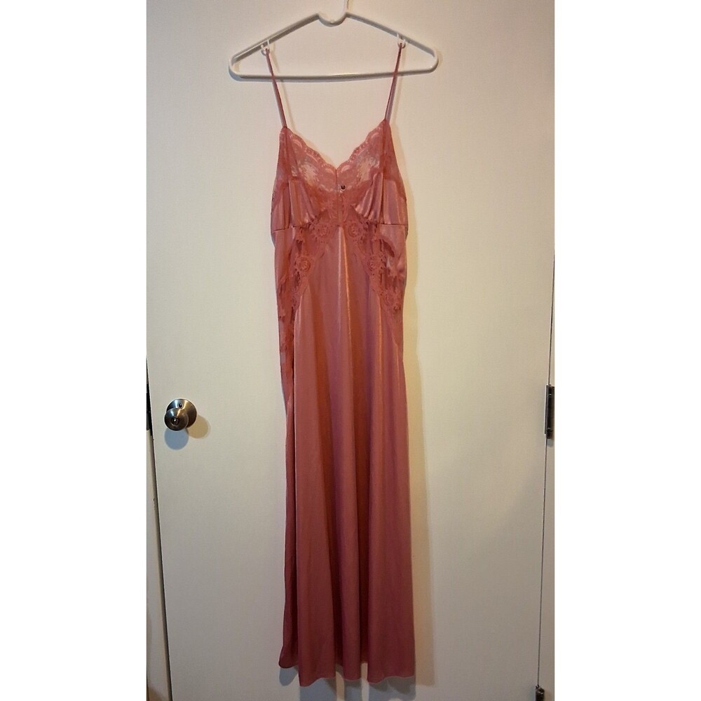 JCP Pink Full-sweep Silky Nylon Lace Long Slip Nightgown Dress Medium Olga-esque